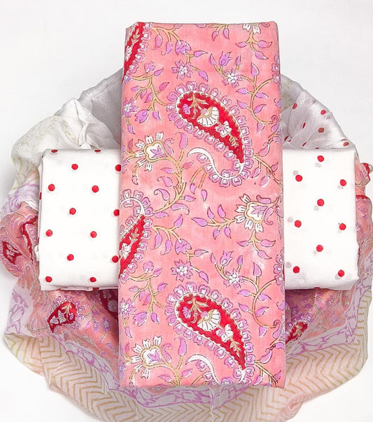Pure Cotton Hand Block Printed Suit Set With Chiffon Dupatta