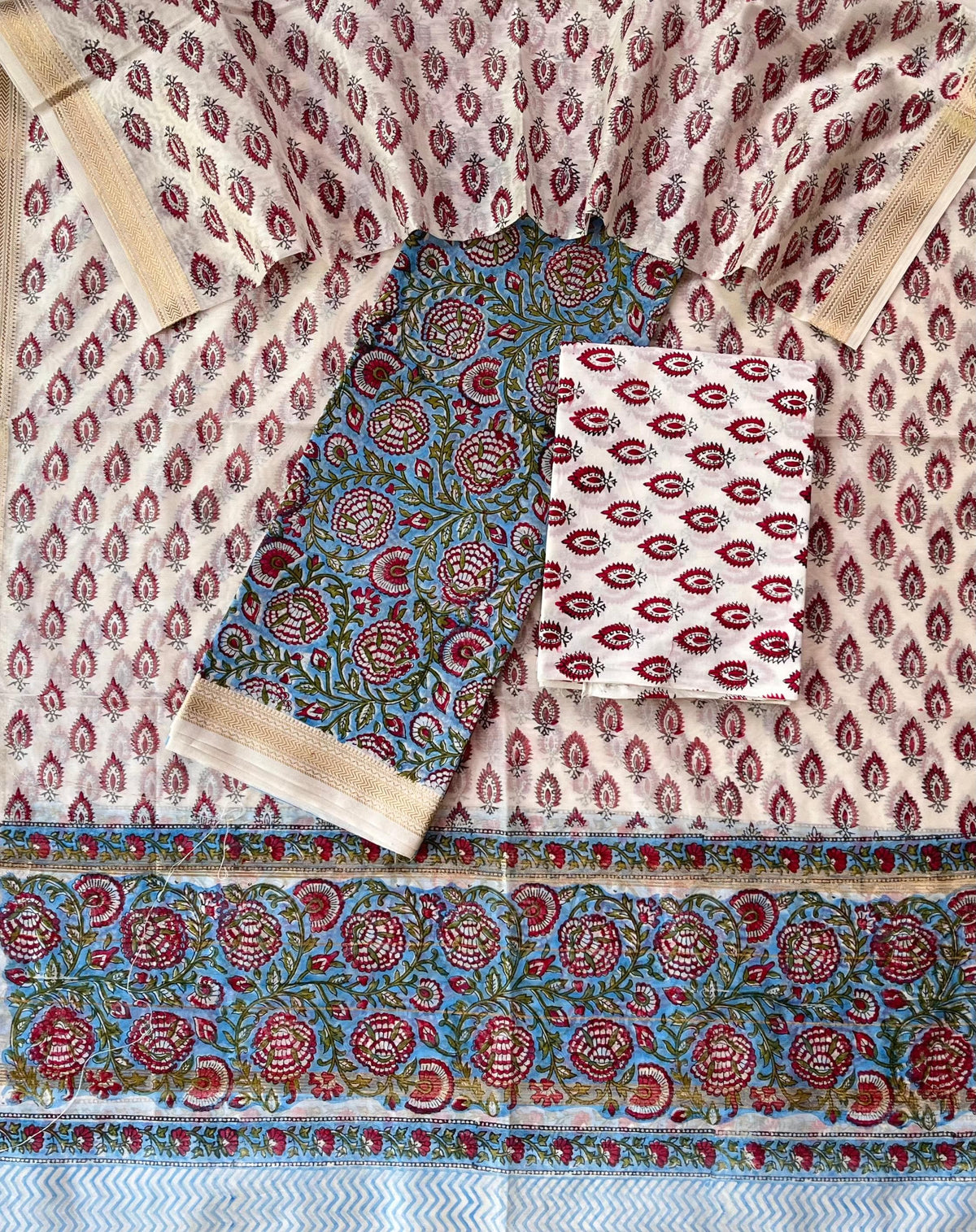 Premium Designer Handblock Printed Maheshwari Silk Suit Set