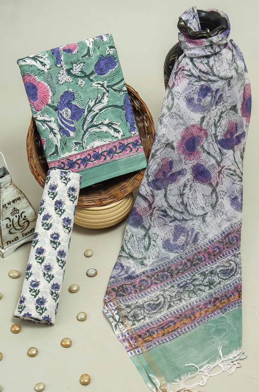 Pure Cotton Hand Block Printed Suit Set With Kota Doria Dupatta