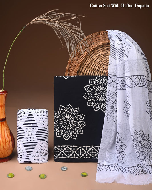 Pure Cotton Hand Block Printed Suit Set With Chiffon Dupatta
