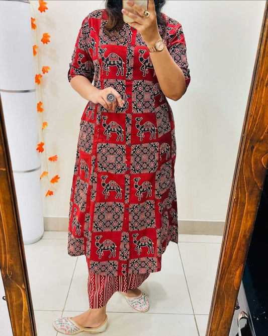 Premium Floral Fine Cotton Printed A-Line Pattern Kurti-Palazzo Set