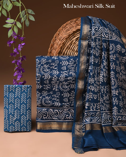 Premium Designer Handblock Printed Maheshwari Silk Suit Set