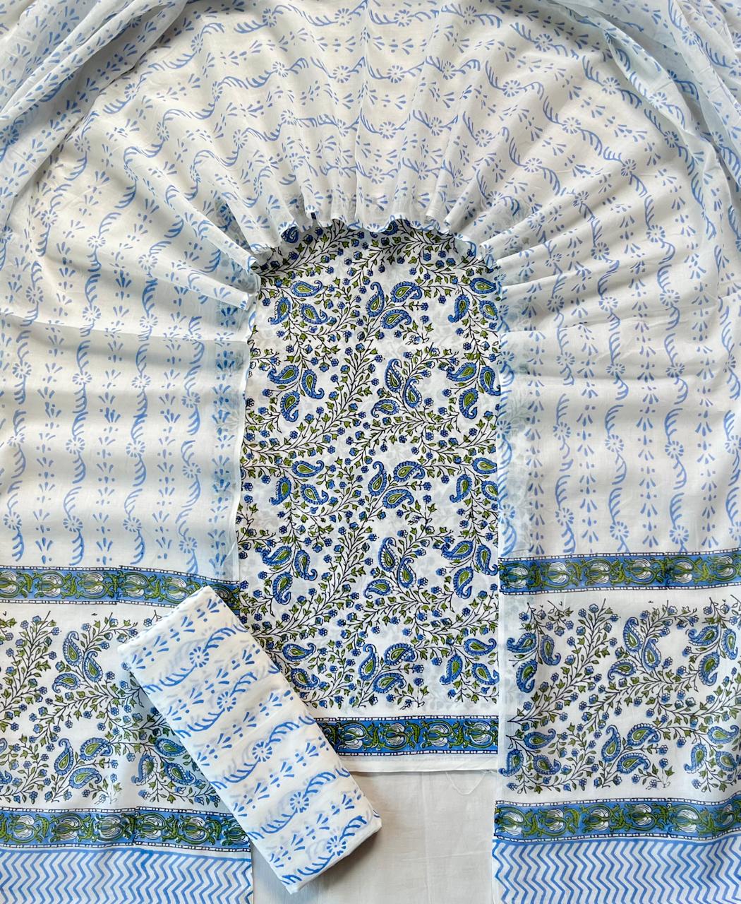 Pure Soft Cotton Hand Block Printed Suit Set With Cotton Dupatta
