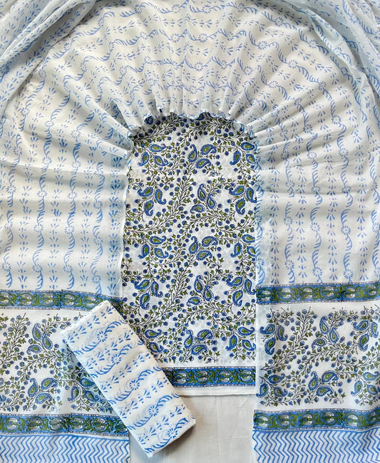 Pure Soft Cotton Hand Block Printed Suit Set With Cotton Dupatta