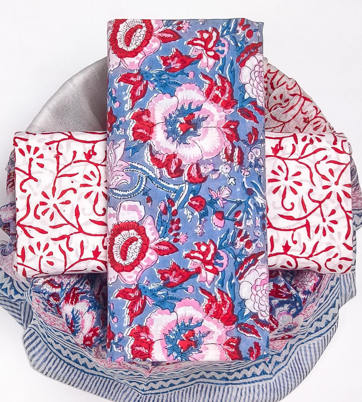 Pure Cotton Hand Block Printed Suit Set With Chiffon Dupatta