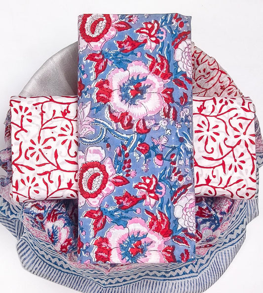 Pure Cotton Hand Block Printed Suit Set With Chiffon Dupatta
