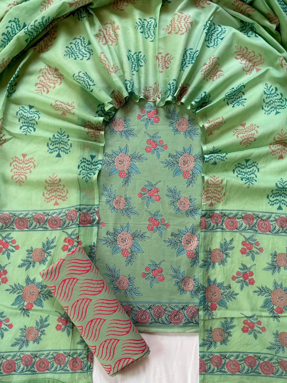 Pure Soft Cotton Hand Block Printed Suit Set With Cotton Dupatta