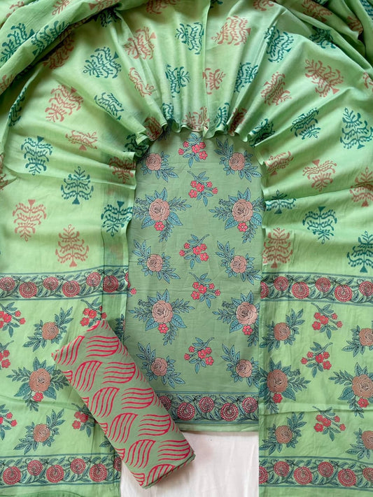Pure Soft Cotton Hand Block Printed Suit Set With Cotton Dupatta