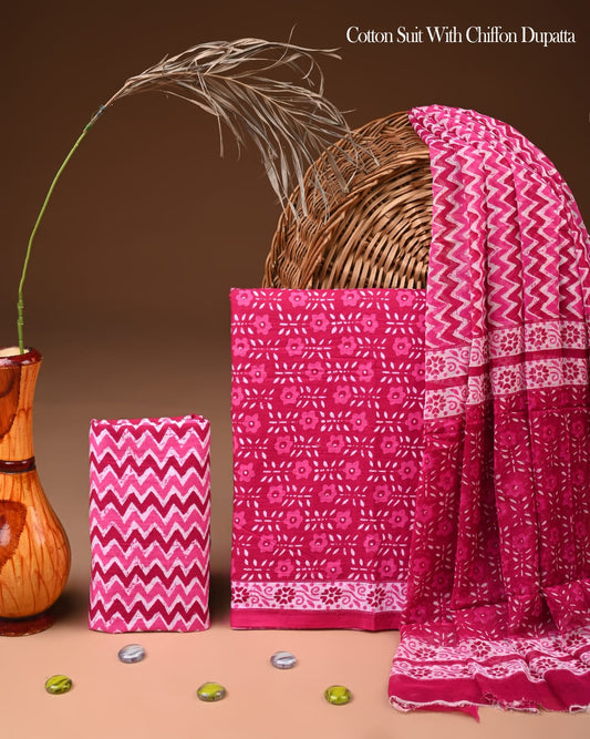 Pure Cotton Hand Block Printed Suit Set With Chiffon Dupatta