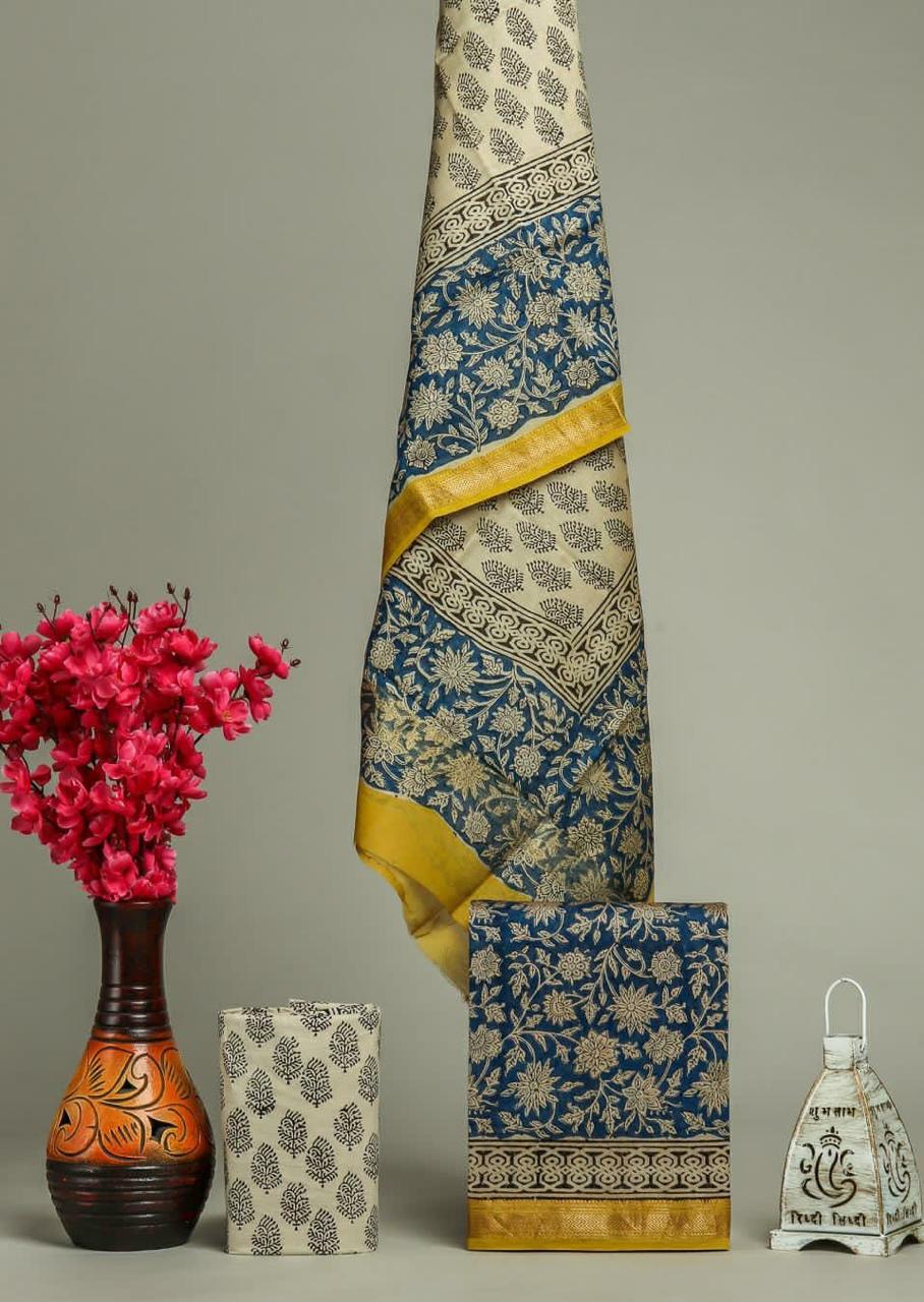 Premium Designer Handblock Printed Maheshwari Silk Suit Set