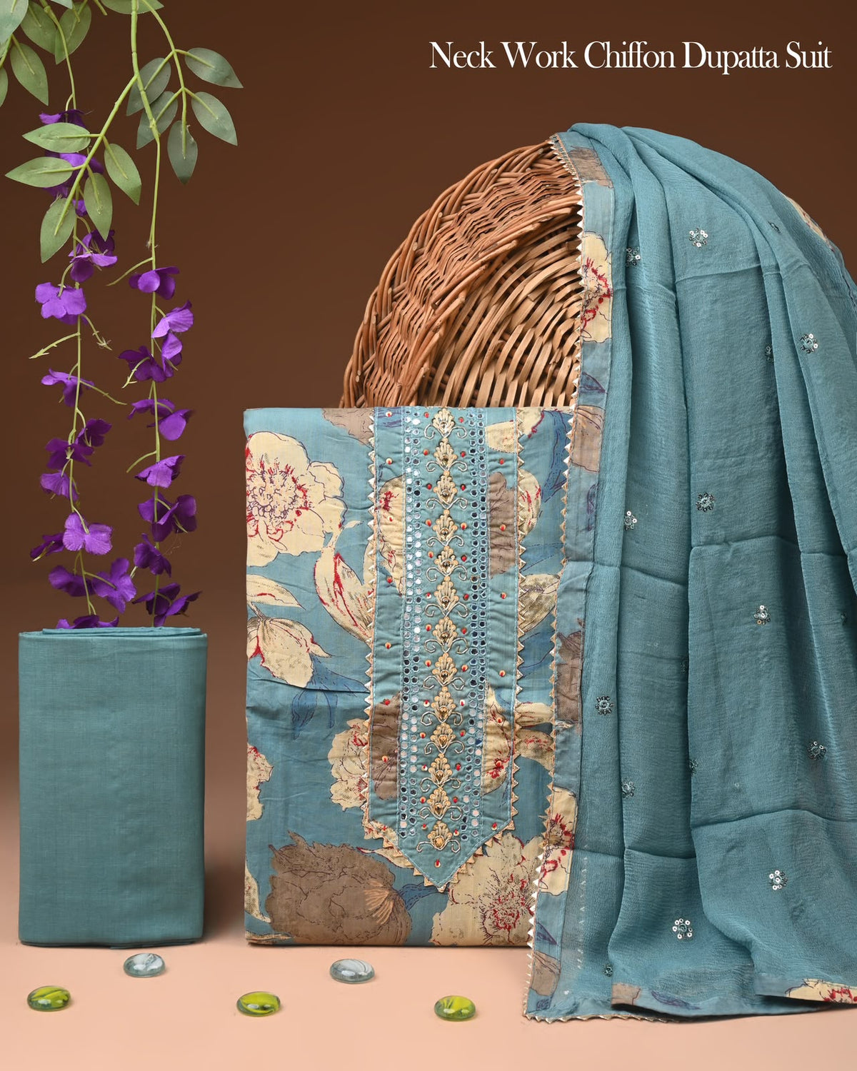 Premium Gota Patti Work Cotton Suit Set With Chiffon Dupatta