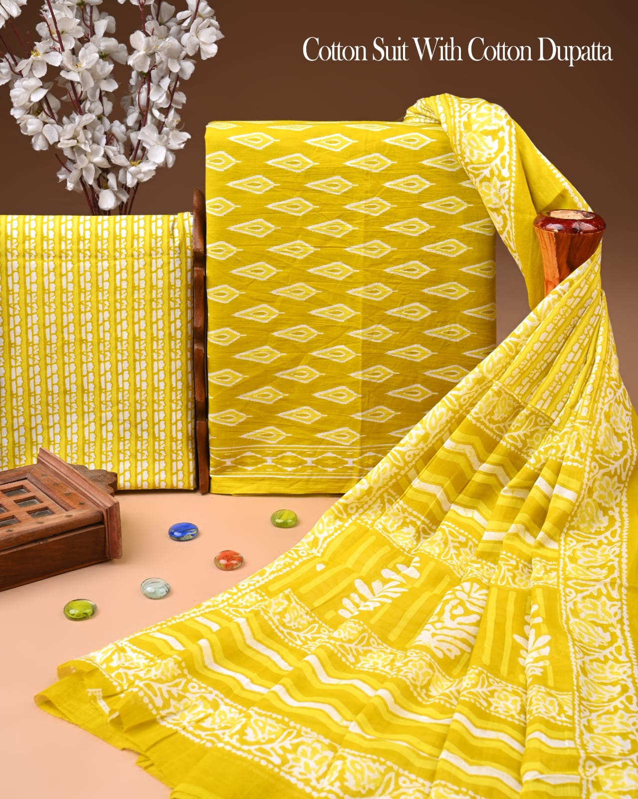Pure Soft Cotton Hand Block Printed Suit Set With Cotton Dupatta