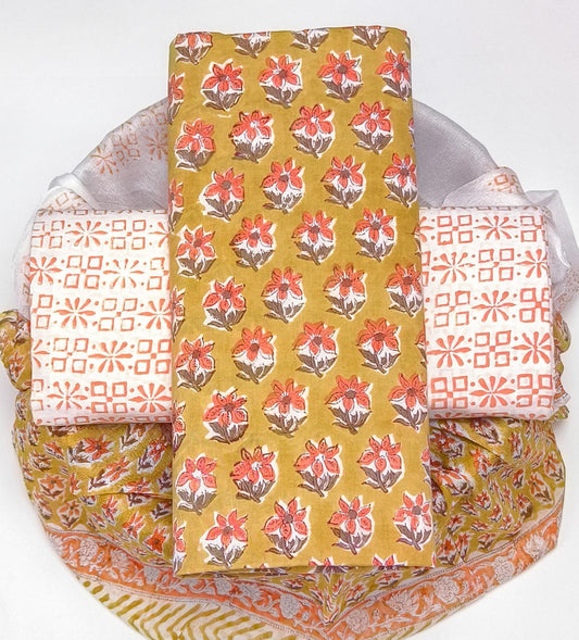 Pure Cotton Hand Block Printed Suit Set With Chiffon Dupatta