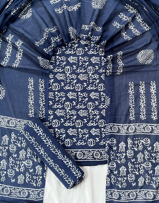 Pure Soft Cotton Hand Block Printed Suit Set With Cotton Dupatta