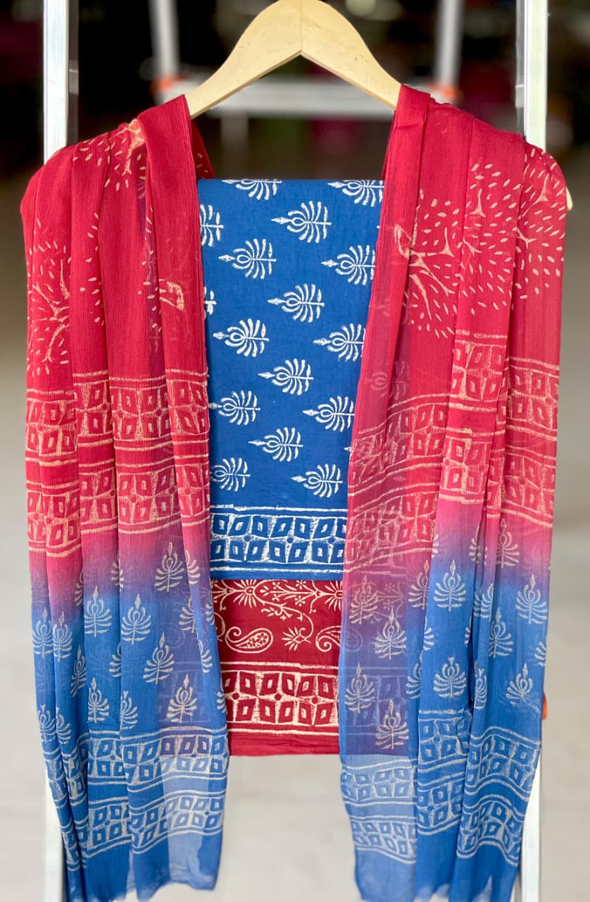 Pure Cotton Hand Block Printed Suit Set With Chiffon Dupatta