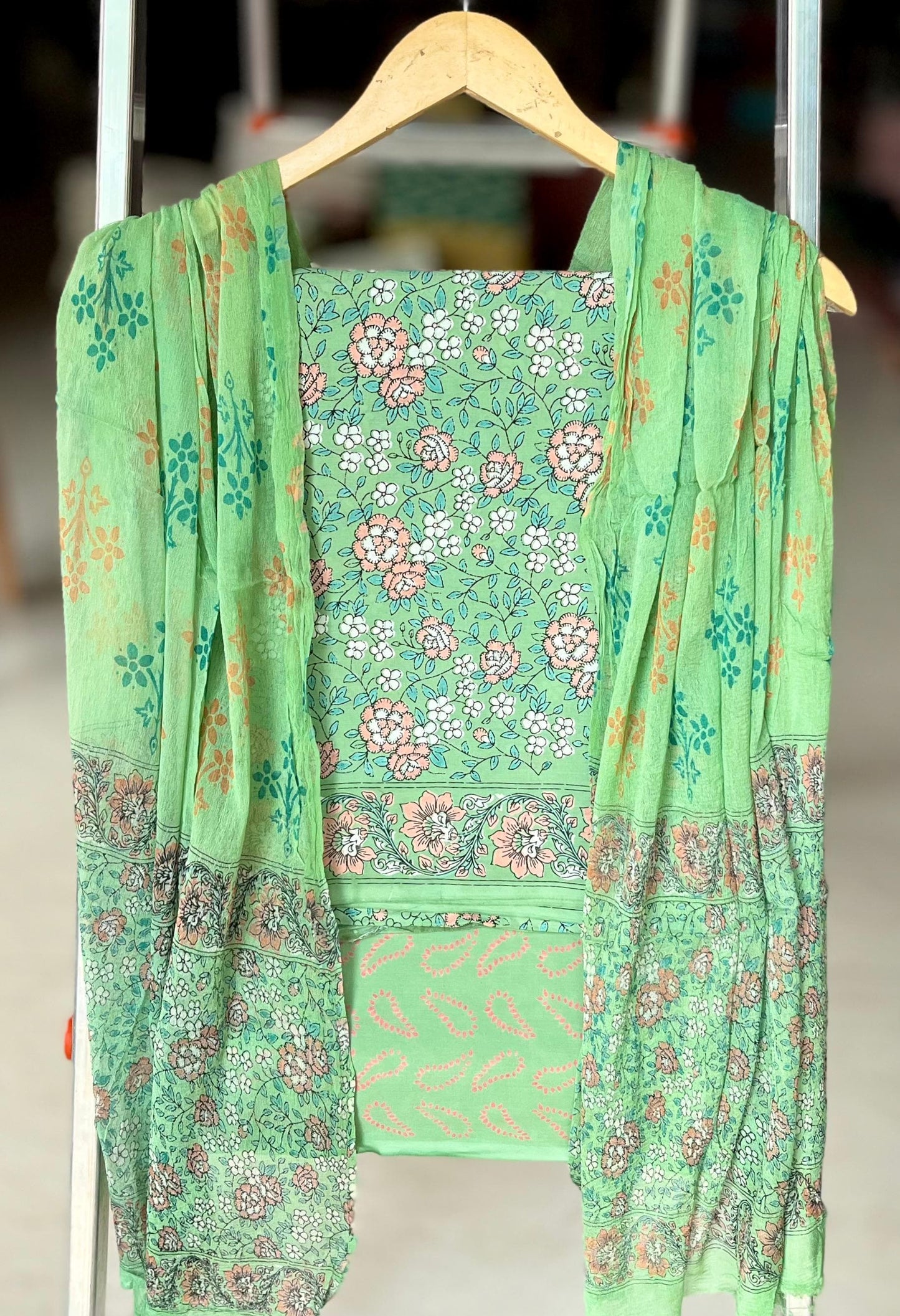 Pure Soft Cotton Hand Block Printed Suit Set With Chiffon Dupatta